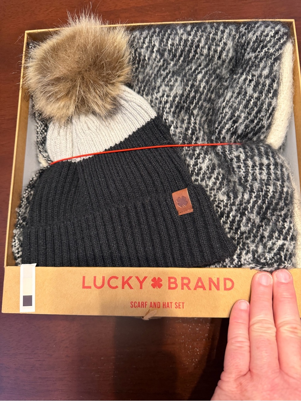 Lucky Brand Black & Cream Pom Beanie with Matching Knit Scarf